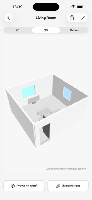 Derselbe Raum in der 3D-Ansicht, mit Fenstern, Tür und Möbeln.